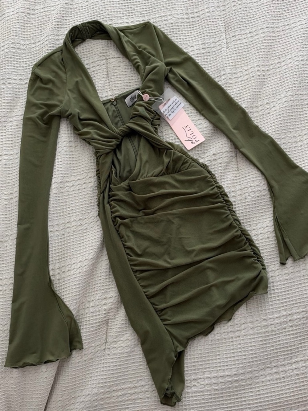 Oh Polly.  Olive Green Ruched Cutout Mini Dress